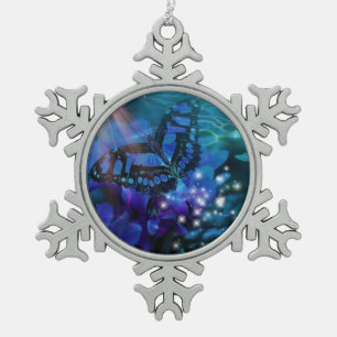 Magischer blauer Schmetterling Schneeflocken Zinn-Ornament