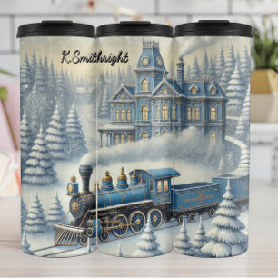 Magischer blauer Weihnachtszug Mondlichtszene Thermosbecher