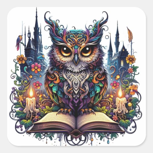 Magischer Bücher-Owl Quadratischer Aufkleber (Vorderseite)