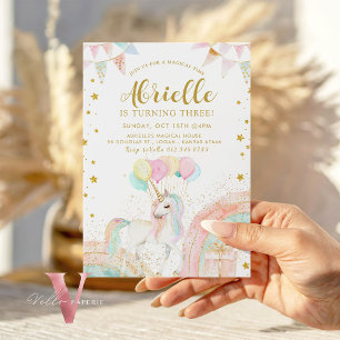 Magischer Einhorn Rainbow Pastel Gold Glitzer Bday Einladung