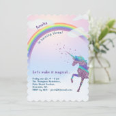 Magischer Einhorn, Regenbogen & Sterne Glitzer Geb Einladung (Stehend Vorderseite)