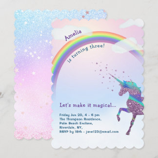 Magischer Einhorn, Regenbogen & Sterne Glitzer Geb Einladung