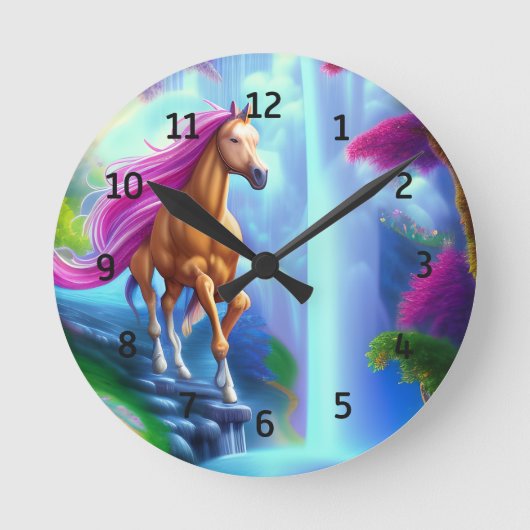 Magischer Fairy Horse Wasserfall Runde Wanduhr (Vorderseite)