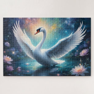 Magischer Fantasy-Schwan Mitternachtssee Seerosen Puzzle