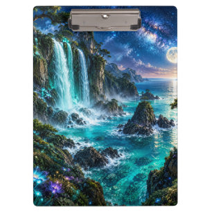 Magischer Fantasy-Wasserfall an der Meeresküste un Klemmbrett