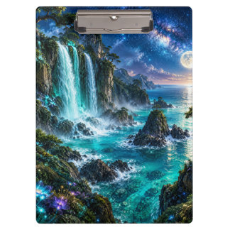 Magischer Fantasy-Wasserfall an der Meeresküste un Klemmbrett