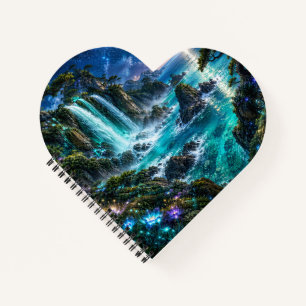 Magischer Fantasy-Wasserfall an der Meeresküste un Notizblock