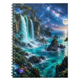 Magischer Fantasy-Wasserfall an der Meeresküste un Notizblock