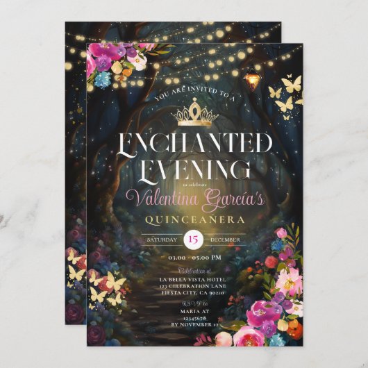 Magischer Garten Quinceañera 15 Anos Blume Gold Einladung (Vorne/Hinten)