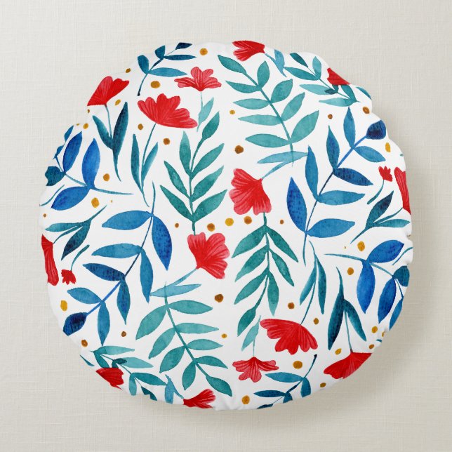 Magischer Garten - rot und türkis Rundes Kissen (Vorderseite)