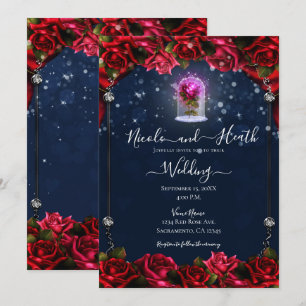 Magischer Glanz Rote Rose Silber Marineblau Hochze Einladung