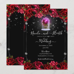Magischer Glanz Rote Rose Silber Schwarze Hochzeit Einladung
