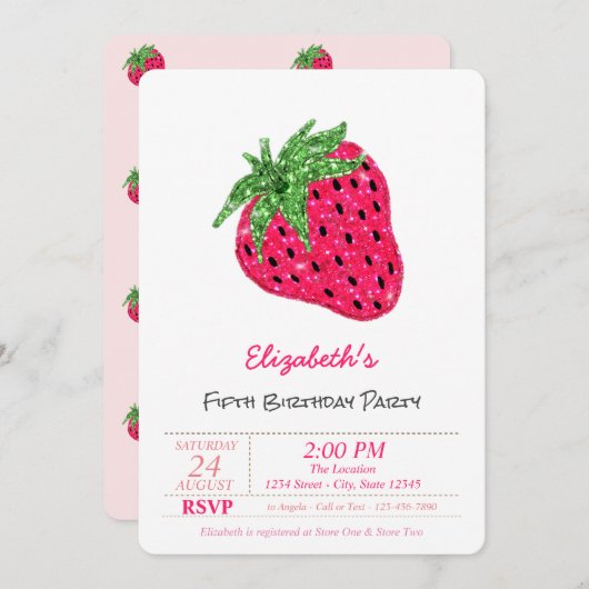 Magischer Glitzer Strawberry Birthday Einladung (Vorne/Hinten)
