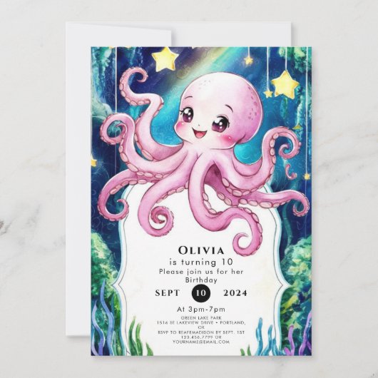 Magischer Kids' Octopus Geburtstag Einladung (Vorderseite)