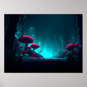 Magischer leuchtender Pilzwald bei Nacht Poster