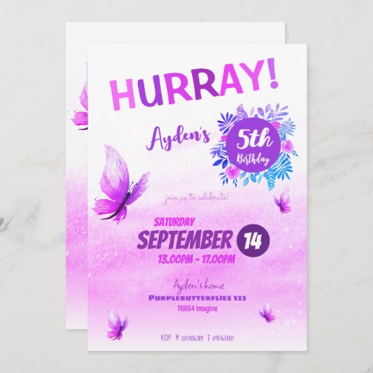 Magischer Lila Schmetterling Geburtstag Einladung (Vorne/Hinten)