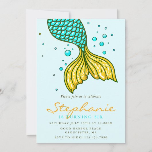 Magischer Meerjungfrau Schwanz Türkis und Gold Geb Einladung (Vorderseite)