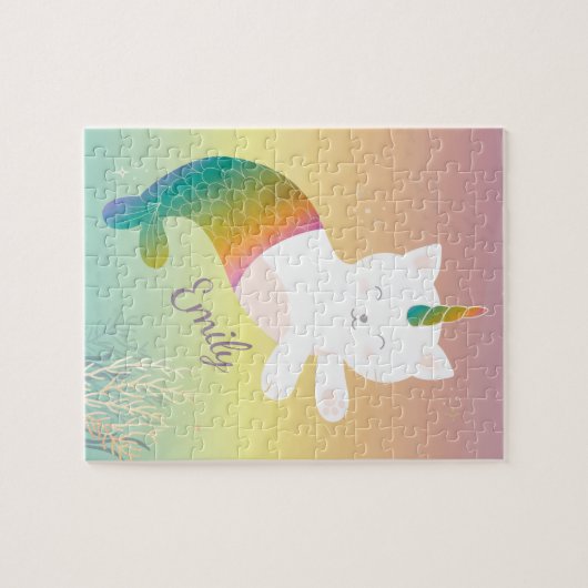 Magischer Mermaid Kitty Rainbow Glitzer Personalis Puzzle (Horizontal)