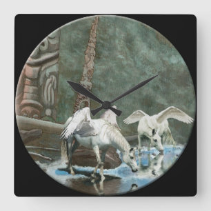 Magischer Pegasus und Totem Polen Kunst, Dichtung Quadratische Wanduhr
