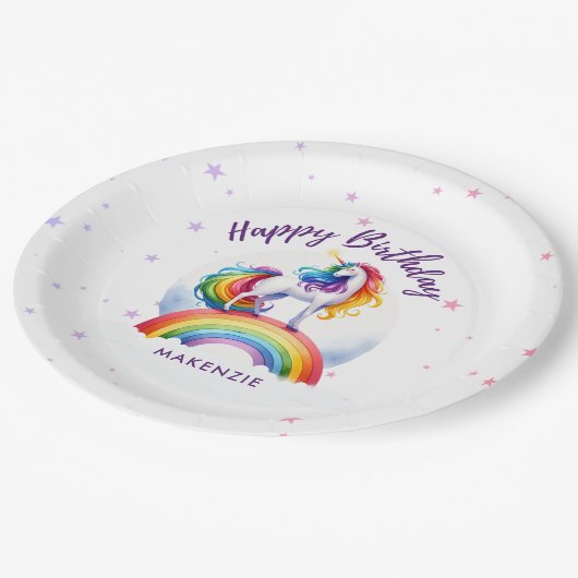 Magischer Regenbogen Einhorn Geburtstag Pappteller (Schrägansicht)