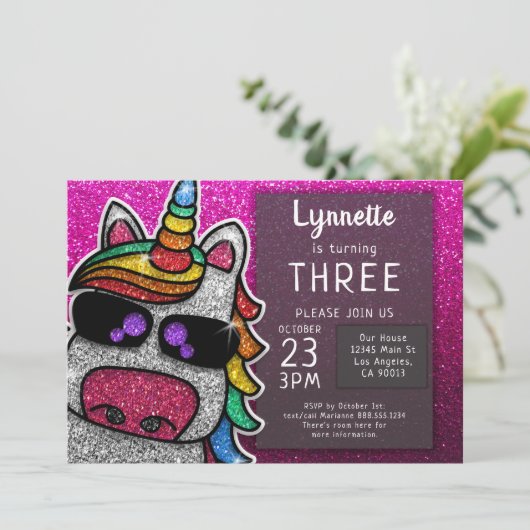 Magischer Regenbogen Einhorn Glitzer Whimsical Geb Einladung (Stehend Vorderseite)