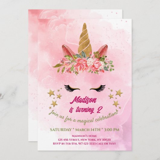 Magischer Regenbogen Einhorn Gold Glitzer Girl Bir Einladung (Vorne/Hinten)