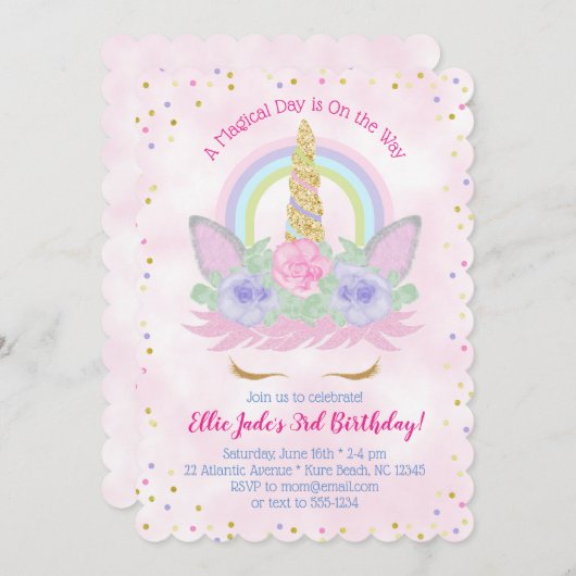 Magischer Regenbogen Einhorn Wasserfarbe Rosa Gebu Einladung (Vorne/Hinten)