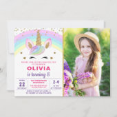 Magischer Regenbogen Gold Einhorn Girl Foto Geburt Einladung (Vorderseite)