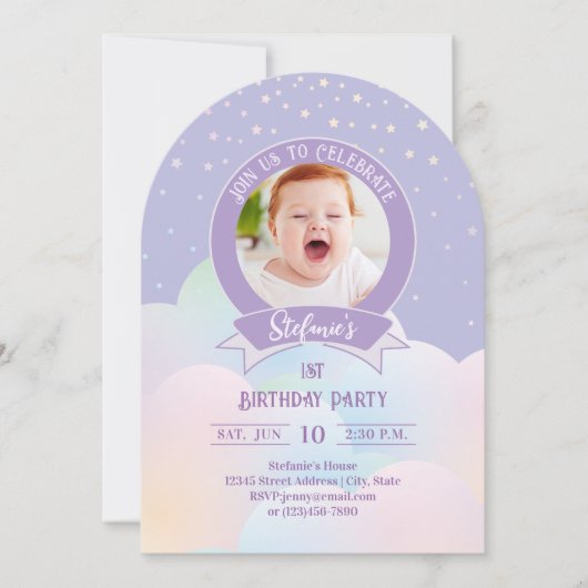 Magischer Regenbogen Kleine Sterne Kinder Foto Geb Einladung (Vorderseite)