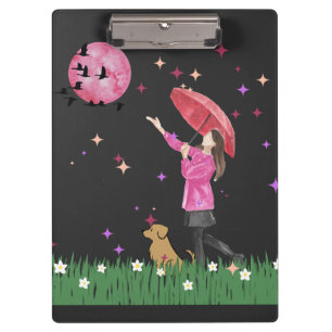 Magischer rosa Mond & Hunde-Spaziergang Wasserfarb Klemmbrett