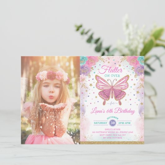 Magischer Schmetterling Pink Lila Gold Fairy Gebur Einladung (Stehend Vorderseite)