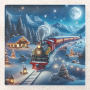 Magischer Schneebahn-Weihnachtszug-Winterszene Glasuntersetzer