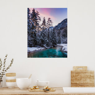 Magischer Sonnenuntergang türkis Fluss Mojstrana,  Poster