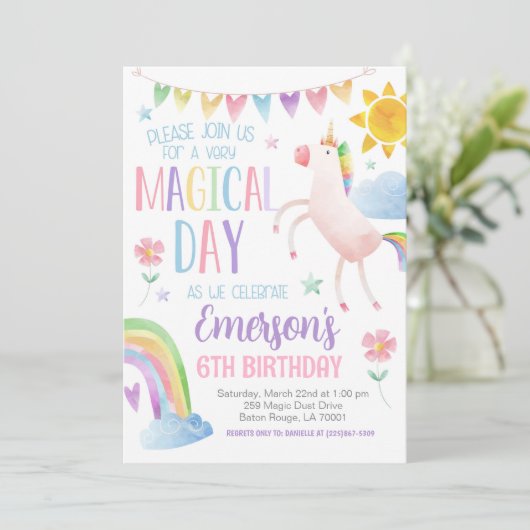 Magischer Tag Einhorn Geburtstag Einladung (Stehend Vorderseite)