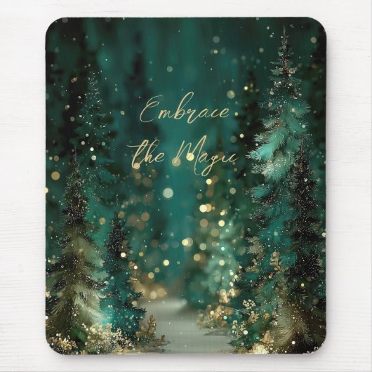 Magischer Türkisgrüner Wald Gold Bokeh Mousepad (Vorne)