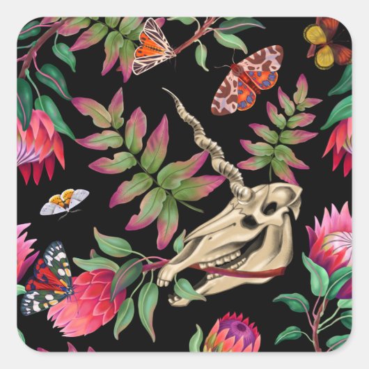 Magischer Wald Einhorn Dark Pattern. Quadratischer Aufkleber (Vorderseite)