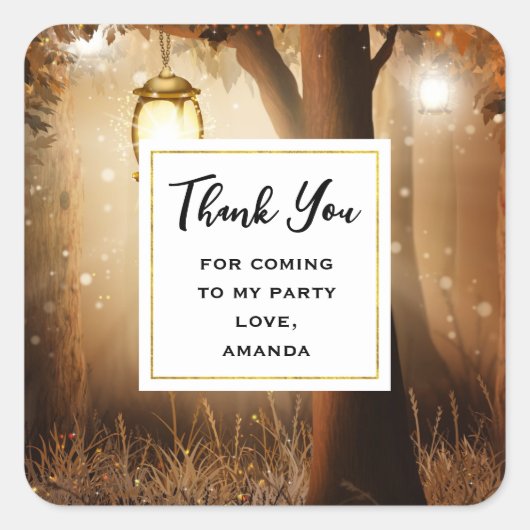 Magischer Wald mit Fairy Lights Party Danke Quadratischer Aufkleber (Vorderseite)