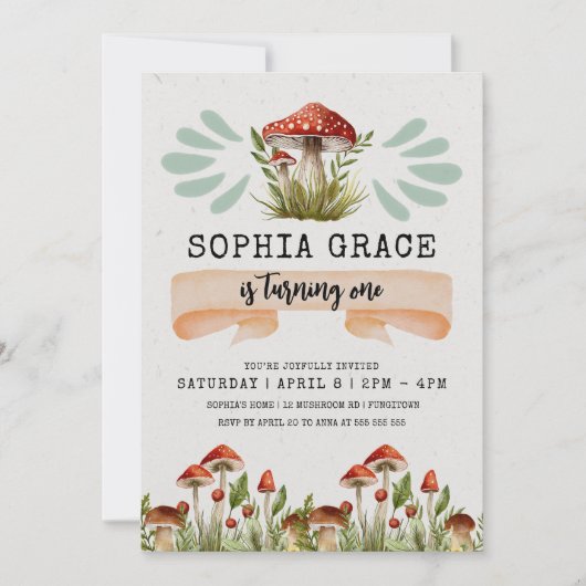 Magischer Wald Pilz 1. Geburtstag Einladung (Vorderseite)