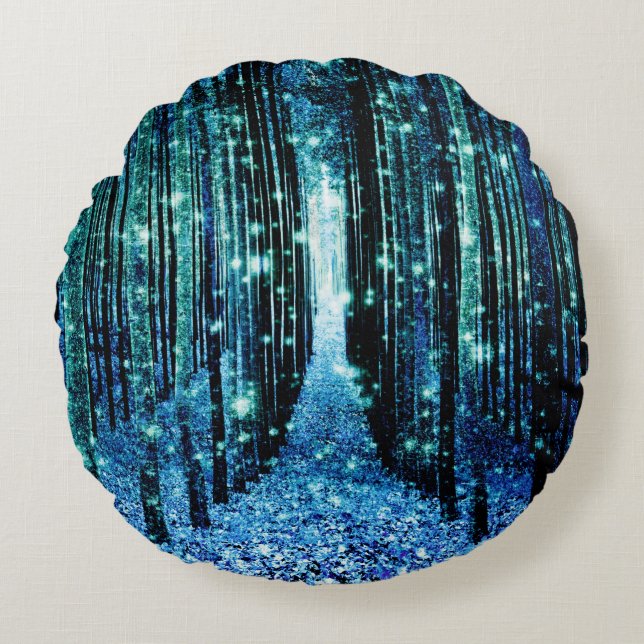 Magischer Wald Türkis Aquamarin Rundes Kissen (Vorderseite)