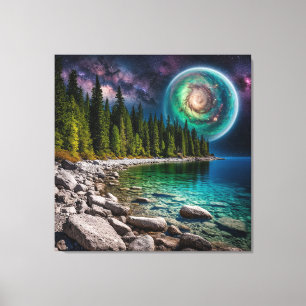 Magischer Waldsee unter einer kosmischen Spiralgal Leinwanddruck