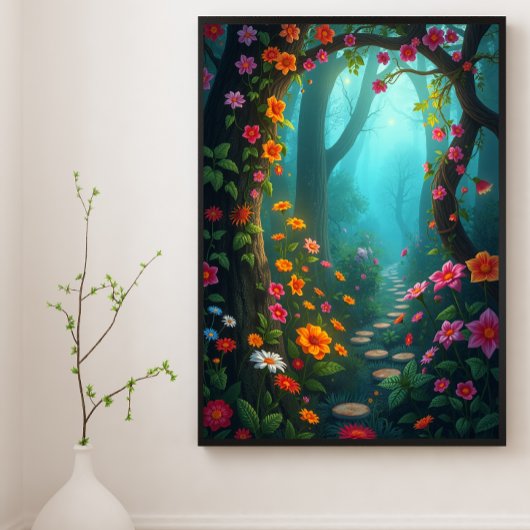 Magischer Waldweg mit whimsikischen Wildblumen Poster