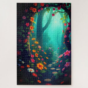 Magischer Waldweg mit whimsikischen Wildblumen Puzzle