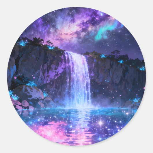 Magischer Wasserfall-Nachthimmel-Rundsticker Runder Aufkleber (Vorderseite)