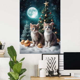 Magischer Weihnachtsabend mit Kätzchen von Bäumen Poster