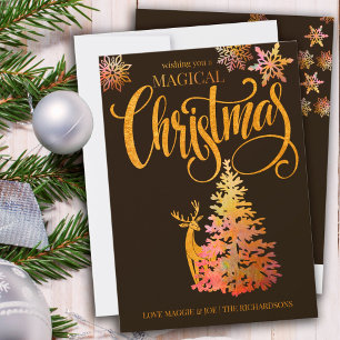 Magischer Weihnachtsbaum und Hirsch Gold und Bronz Feiertagskarte