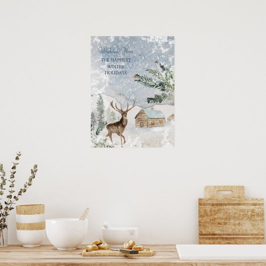 Magischer Weihnachtswald Deer Bird Poster (Küche)
