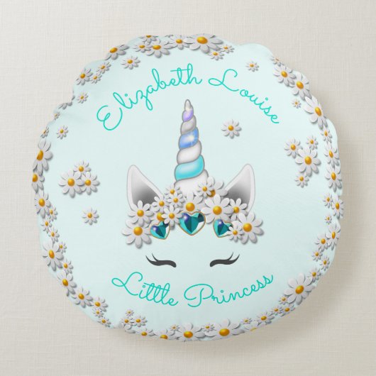 Magisches Aquamarines Einhorn Princess Crown Kinde Rundes Kissen (Vorderseite)