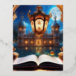 Magisches Buch in einer geheimnisvollen utopischen Folien Feiertagspostkarte