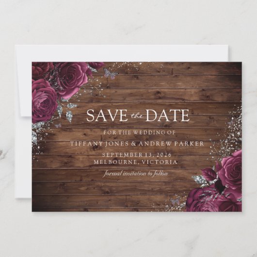 Magisches Burgund Maroon Rose Rustikale Hochzeit Save The Date (Vorderseite)