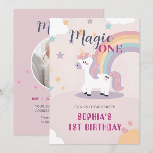 Magisches Einhorn 1. Geburtstag Einladung (Vorne/Hinten)